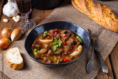 classic beef goulash with peppers and onions