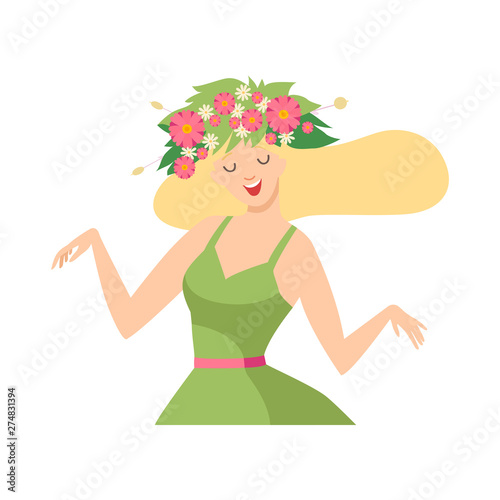 Young Beautiful Woman with Flower Wreath in Her Hair and Green Dress, Portrait of Elegant Blonde Girl with Floral Wreath Vector Illustration