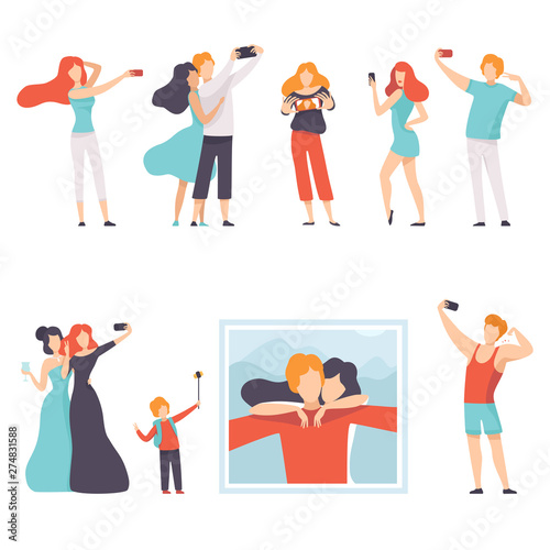 People Taking Selfie Photo on Smartphones Set, Young Women and Men Making Photo or Video for Social Media Using Modern Gadgets Vector Illustration