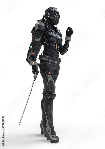 Science fiction cyborg female standing and holding futuristic japanese samurai sword in one hand. Sci-fi samurai girl in a futuristic black armor suit with a helmet. 3D rendering on white background.
