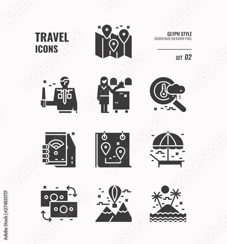 Travel icon, Map, weather, wifi, landscape, money exchange and more, Glyph icons Design. vector