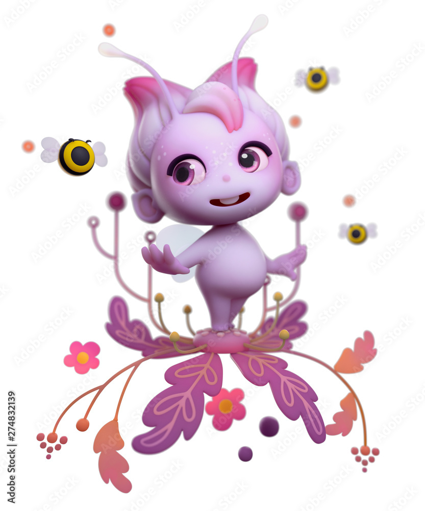 3d character cartoon cute fairy looking at the bee. Kawaii funny flower elf with smiling face and big purple eyes. Colorful illustration with pink creature. 3d rendering isolated on white background.