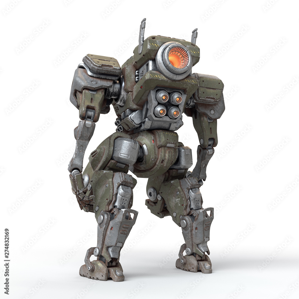 Sci-fi mech soldier standing on white background. Military futuristic Robot Battle with a green and gray color scratched metal armor. with a turbine controlled by a pilot. 3D rendering Stock