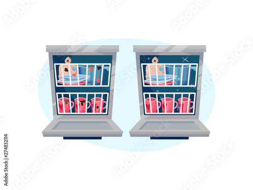 Open dishwasher with dishes inside. Vector illustration on blue oval shape background.