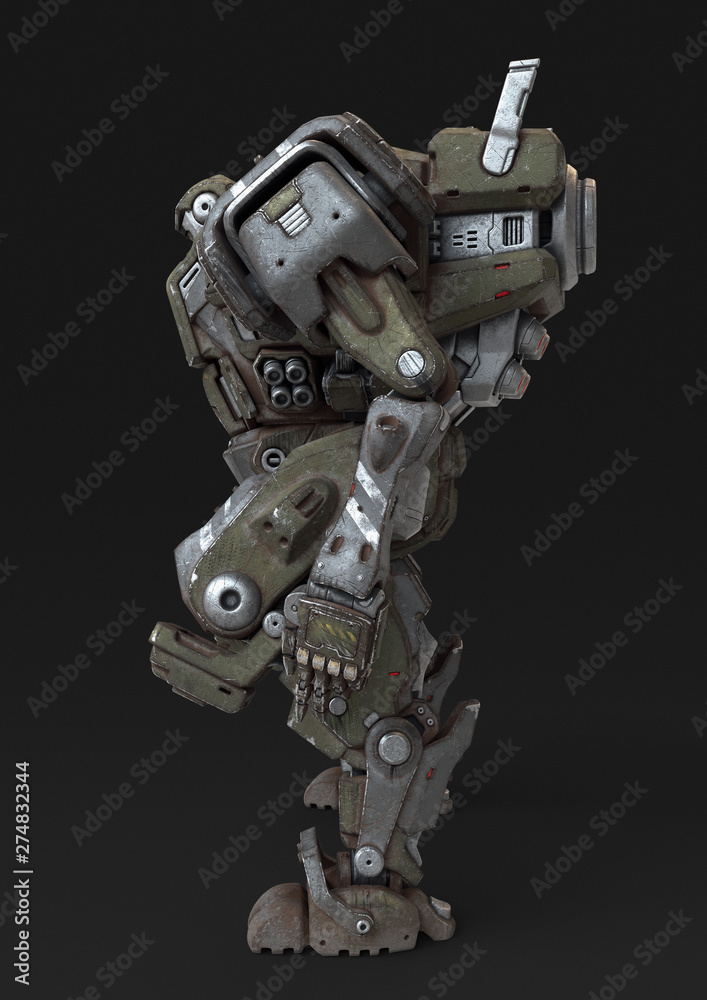 Sci-fi mech soldier standing on gray background. Military futuristic Robot Battle with a green and gray color scratched metal armor. Mechanical mech with a turbine controlled by a pilot. 3D rendering