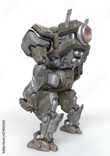 Sci-fi mech soldier standing on white background. Military futuristic Robot Battle with a green and gray color scratched metal armor. Mechanical mech with a turbine controlled by a pilot. 3D rendering