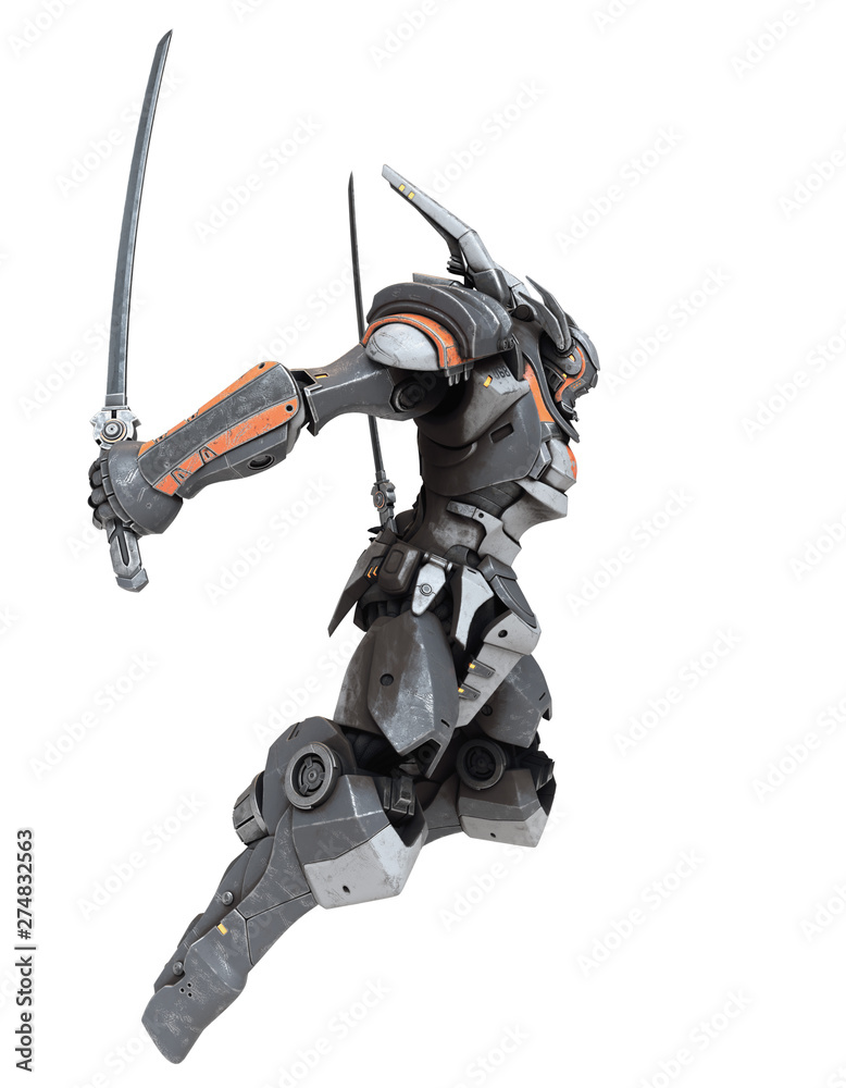 Sci-fi mech warrior holding two swords in fighting position. Mech in a flying, jumping pose. Futuristic robot with white and gray color scratched metal. Mech Battle. 3D rendering on a white background Sci-fi mech warrior holding two swords in fighting position. Mech in a flying, jumping pose. Futuristic robot with white and gray color scratched metal. Mech Battle. 3D rendering on a white background