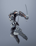 Sci-fi mech warrior holding two swords in fighting position. Mech in a flying, jumping pose. Futuristic robot with white and gray color scratched metal. Mech Battle. 3D rendering on a gray background.