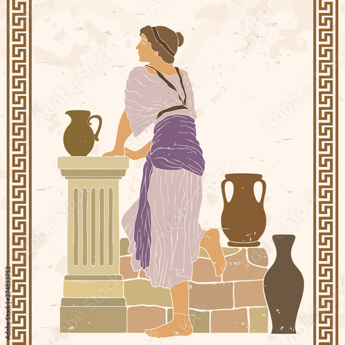 A young woman stands near a stone parapet with jugs. Vector image in ancient greek style.