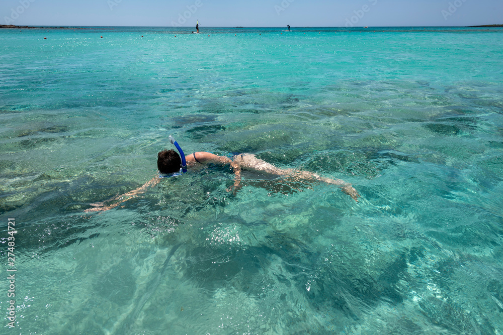 Schwimmerin mit Tauchmaske und Schnorchel beim Schwimmen in glasklarem Wasser , Naturbeobachung der Wasserwelt