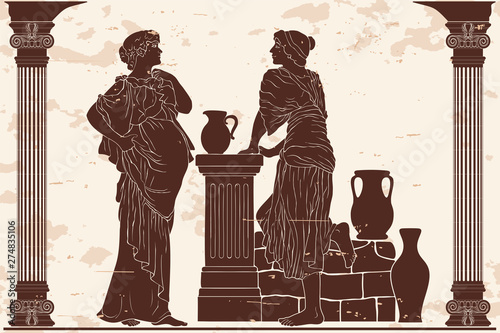Two women are standing near the parapet with jugs and talking.