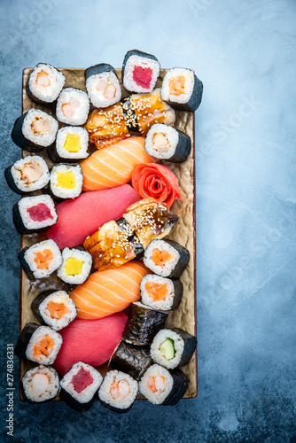 Big set of colorful sushi rolls