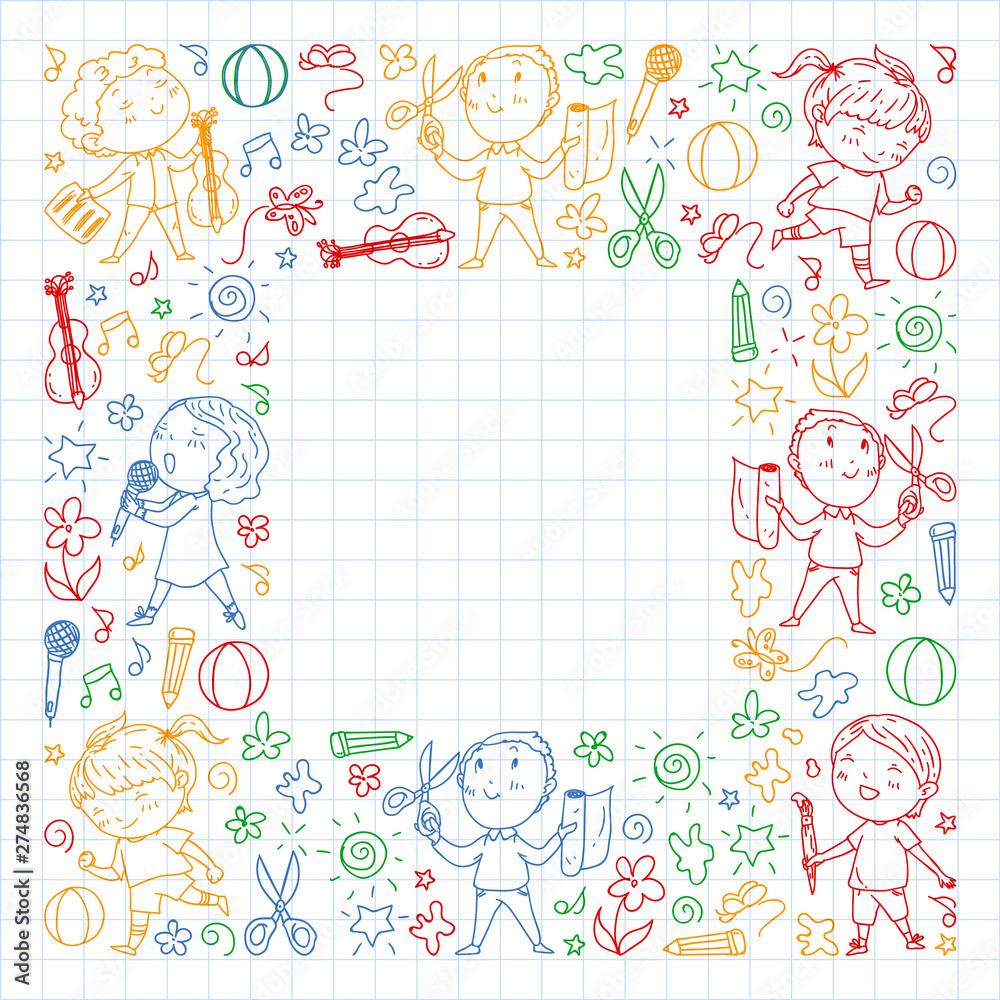 creative kids dancing, sing, playing football, playing guitar, violin, making models from paper. colorful pen drawing on squared notebook.