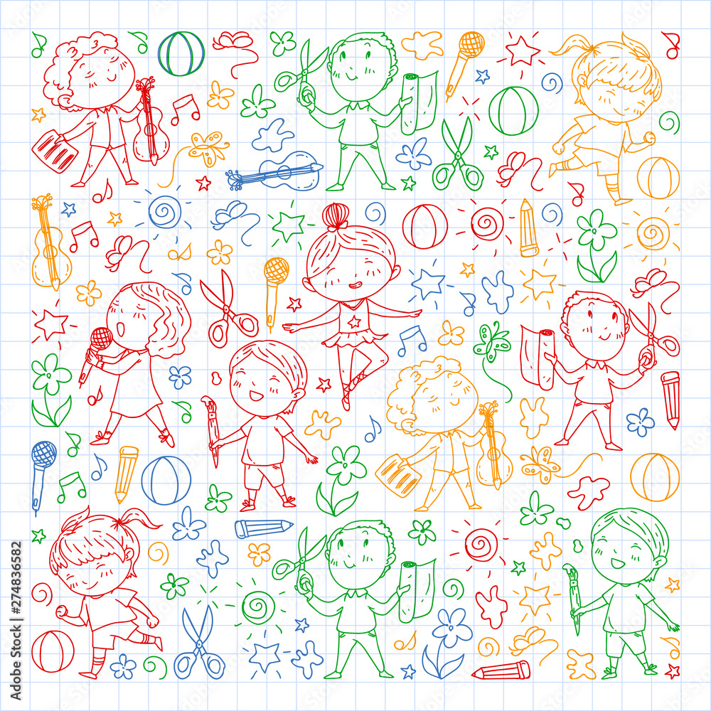 creative kids dancing, sing, playing football, playing guitar, violin, making models from paper. colorful pen drawing on squared notebook.