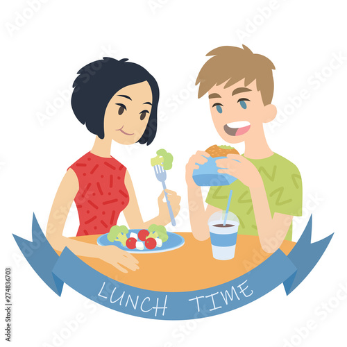 Couple eating. Vector illustration of multicultural pair in flat cartoon style on white background. European boy biting burger and asian girl eating fresh salad. Romantic lunch.