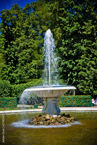fountain on the lake on a background of green park under a blue sky