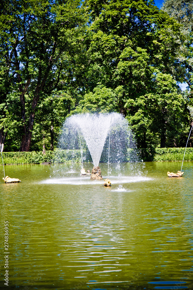 Fototapeta premium fountain on the lake on a background of green park under a blue sky