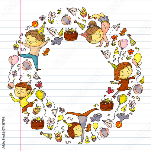 Vector illustration in cartoon style, active company of playful preschool kids jumping, at a party, birthday on exercise book.