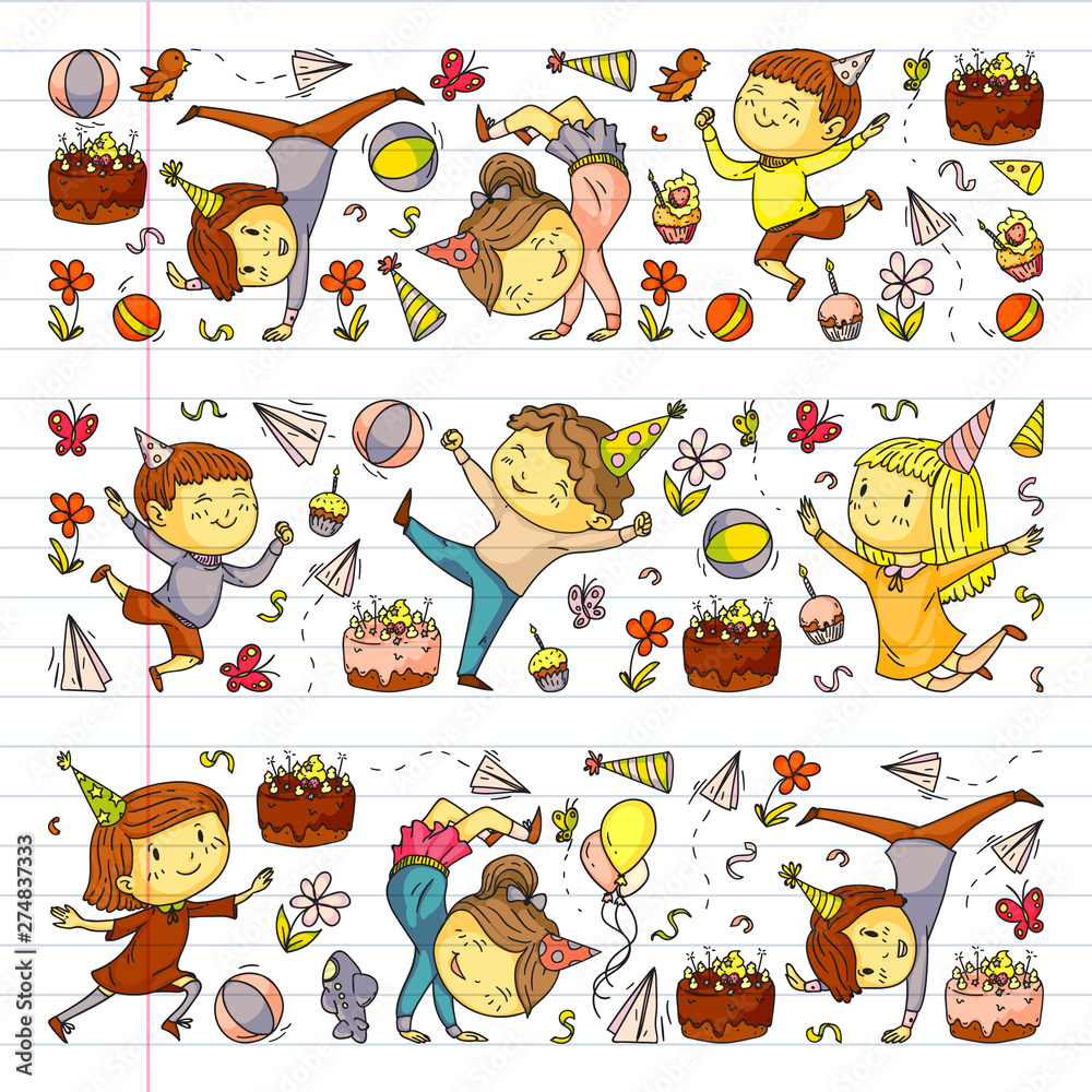 Vector illustration in cartoon style, active company of playful preschool kids jumping, at a party, birthday on exercise book.