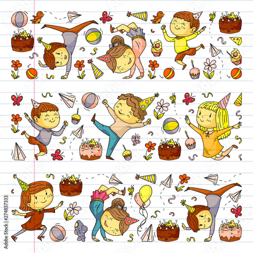 Wallpaper Mural Vector illustration in cartoon style, active company of playful preschool kids jumping, at a party, birthday on exercise book. Torontodigital.ca