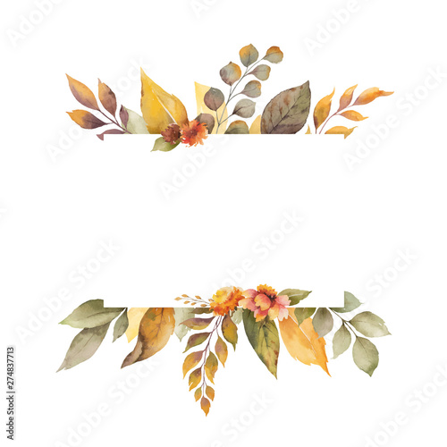Watercolor vector autumn banner with leaves, flowers and branches isolated on white background.