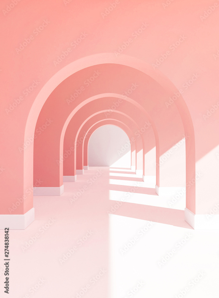 3d rendering of pastel walkway ,pink color background with white floor and sun light copy space 3d rendering of pastel walkway ,pink color background with white floor and sun light copy space
