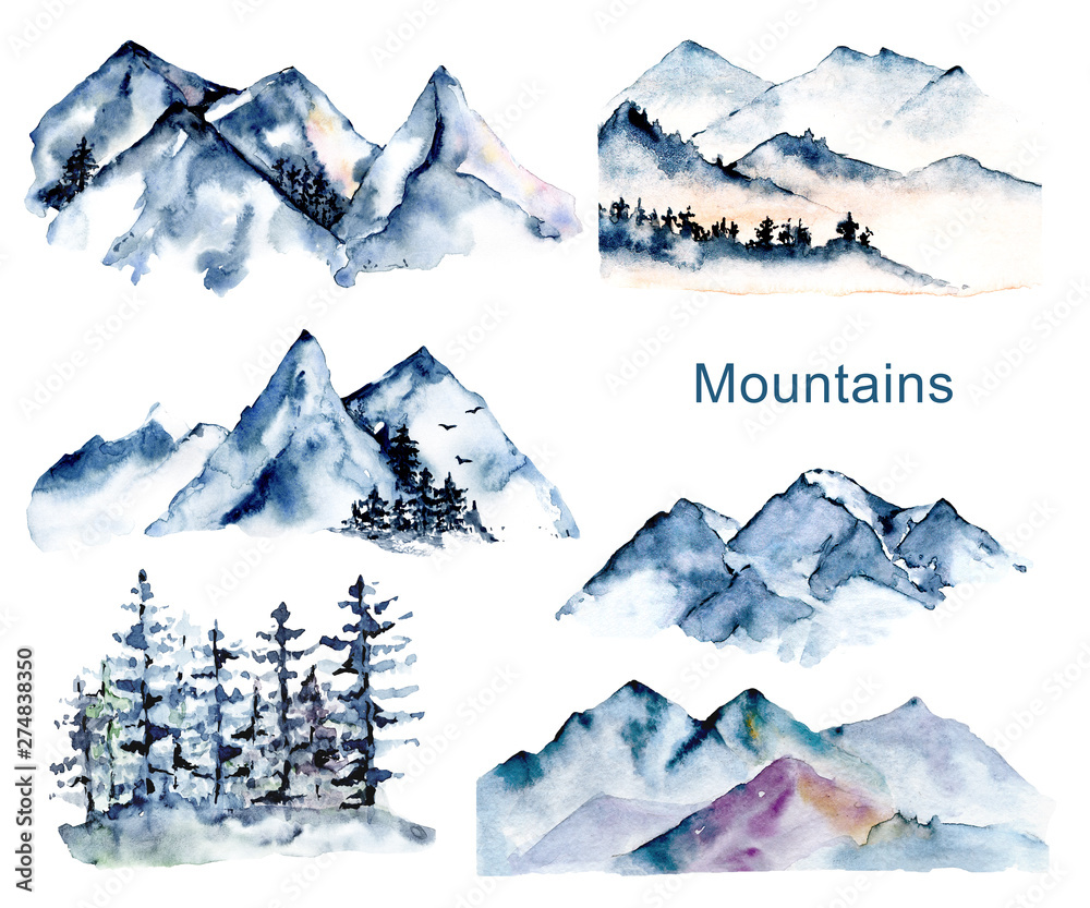Set with mountains and forest, nature landscapes. Watercolor hand painting sketch scenery. Perfectly for tourism and outdoor design. Illustrations isolated on white background.  - obrazy, fototapety, plakaty 