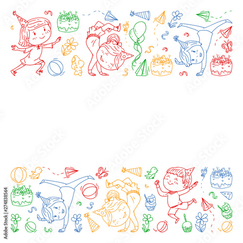 Vector illustration in cartoon style, active company of playful preschool kids jumping, at a party, birthday, colorful pen.