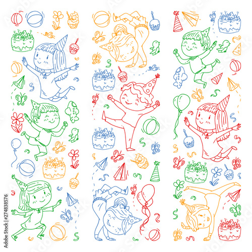 Vector illustration in cartoon style, active company of playful preschool kids jumping, at a party, birthday, colorful pen.