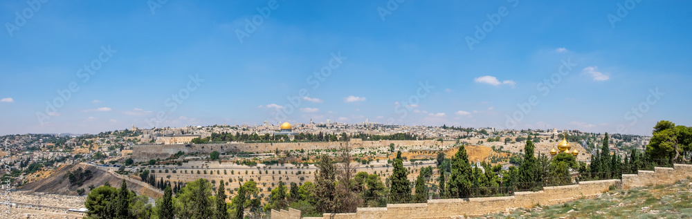 Very large panoramic view of Jerusalem's old town walls and Golden Dome of the Rock