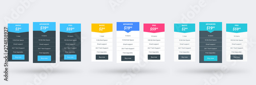 Pricing table design template for websites and applications. Set of three different color variations. Vector pricing plans. Flat style vector illustration