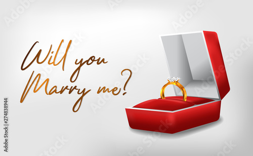 3D golden Ring with red box engagement propose wedding romantic poster banner template