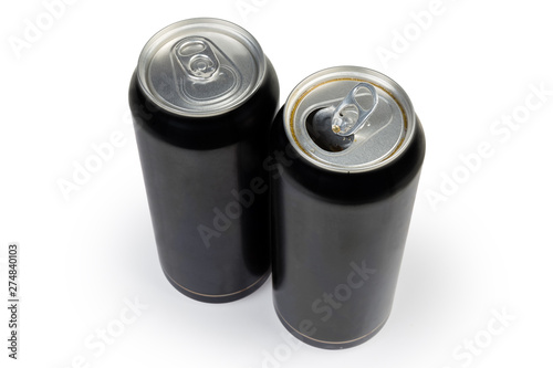 Open and closed black metal beverage cans on white background