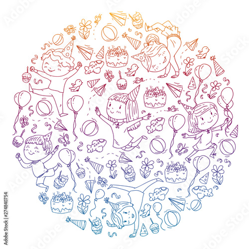 Vector illustration in cartoon style, active company of playful preschool kids jumping, at a party, birthday on gradient style.