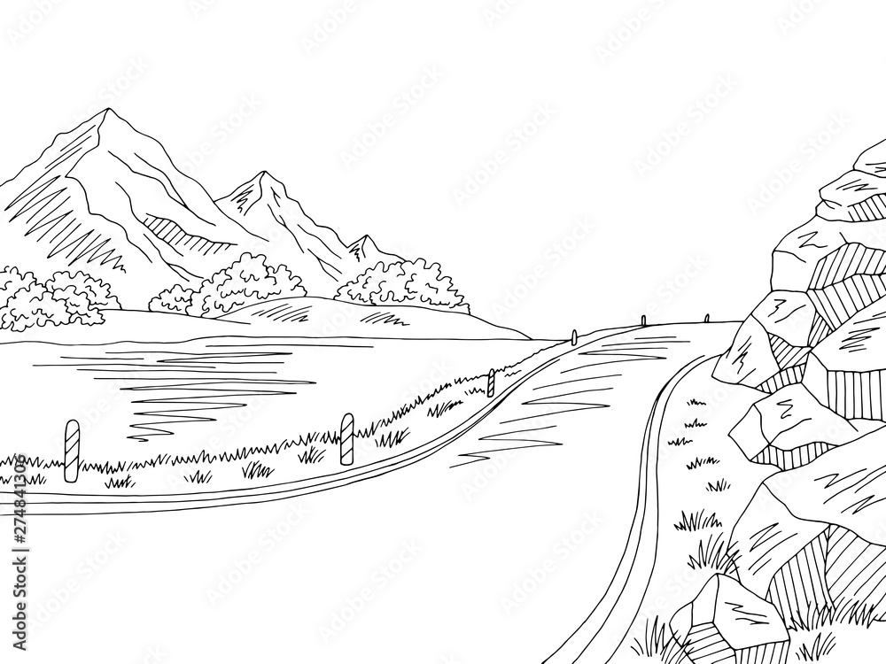 Mountain lake road graphic black white landscape sketch illustration vector