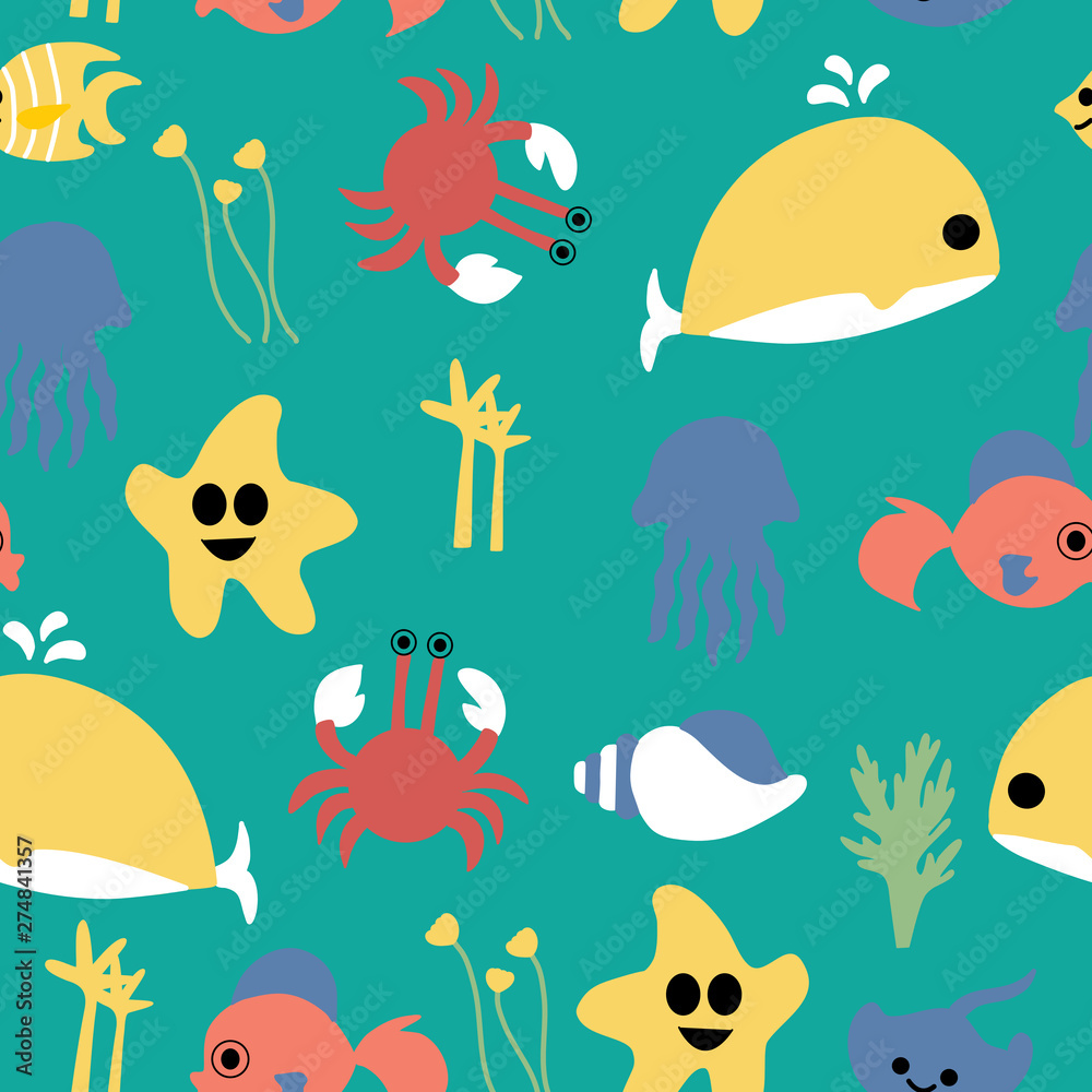 Naklejka premium Kawaii ocean life in a seamless pattern design