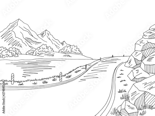 Mountain lake road graphic black white landscape sketch illustration vector
