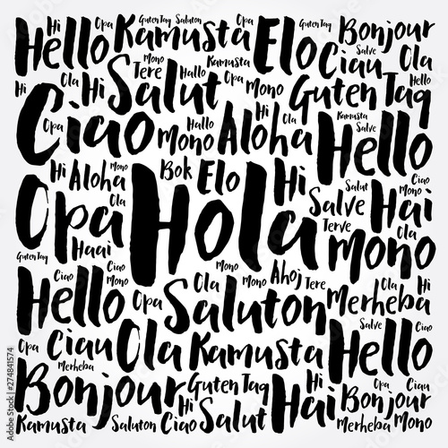 Hola  Hello Greeting in Spanish  word cloud in different languages of the world