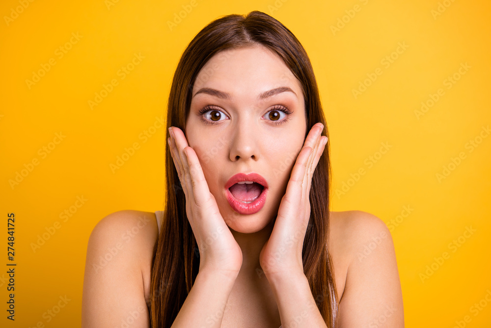 Close up photo of nice cute disappointed youth millennial she her hands mouth palms scream wonder novelty horrible dressed white top singlet isolated bright background Close up photo of nice cute disappointed youth millennial she her hands mouth palms scream wonder novelty horrible dressed white top singlet isolated bright background