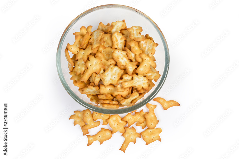 Top view of salty crackers various forms in glass bowl