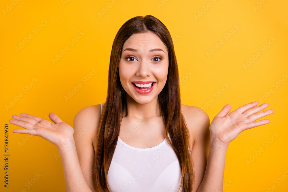 Portrait of nice charming lady scream shout she her expression astonished wonderful wait expect want dressed white singlet modern isolated bright colorful background Portrait of nice charming lady scream shout she her expression astonished wonderful wait expect want dressed white singlet modern isolated bright colorful background