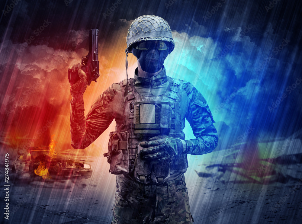 Fototapeta premium Armed soldier with sniper in the middle of a dust storm 