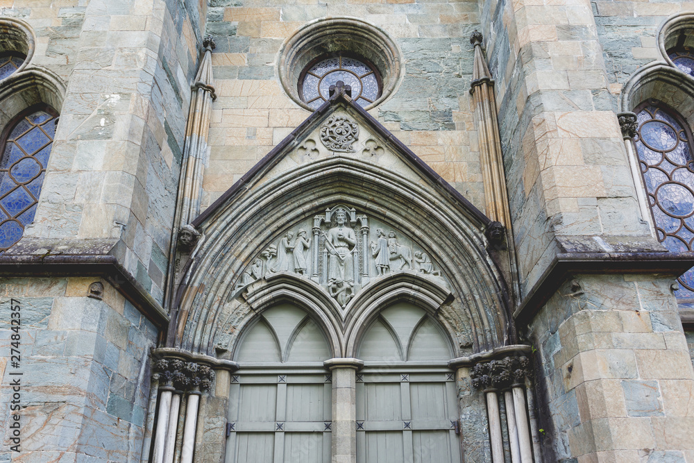 Details of  Nidaros Cathedral or Nidarosdome. Religious and architectural landmark in Trondheim, Norway.