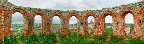Courtyard of mediaeval Medzhybizh fortress, panoramic view from tower. Ukraine