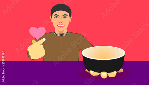 free space on cup for your food promotion. a man show a ware and give a mini heart hand for meal recommended. vector illustration eps10