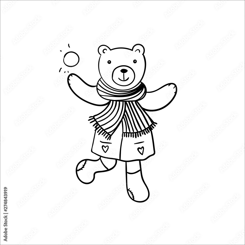 Hand drawn sketched illustration of cartoon bear. Funny animal dressed in coat and striped scarf playing with snow ball. Hand drawn sketched illustration of cartoon bear. Funny animal dressed in coat and striped scarf playing with snow ball.