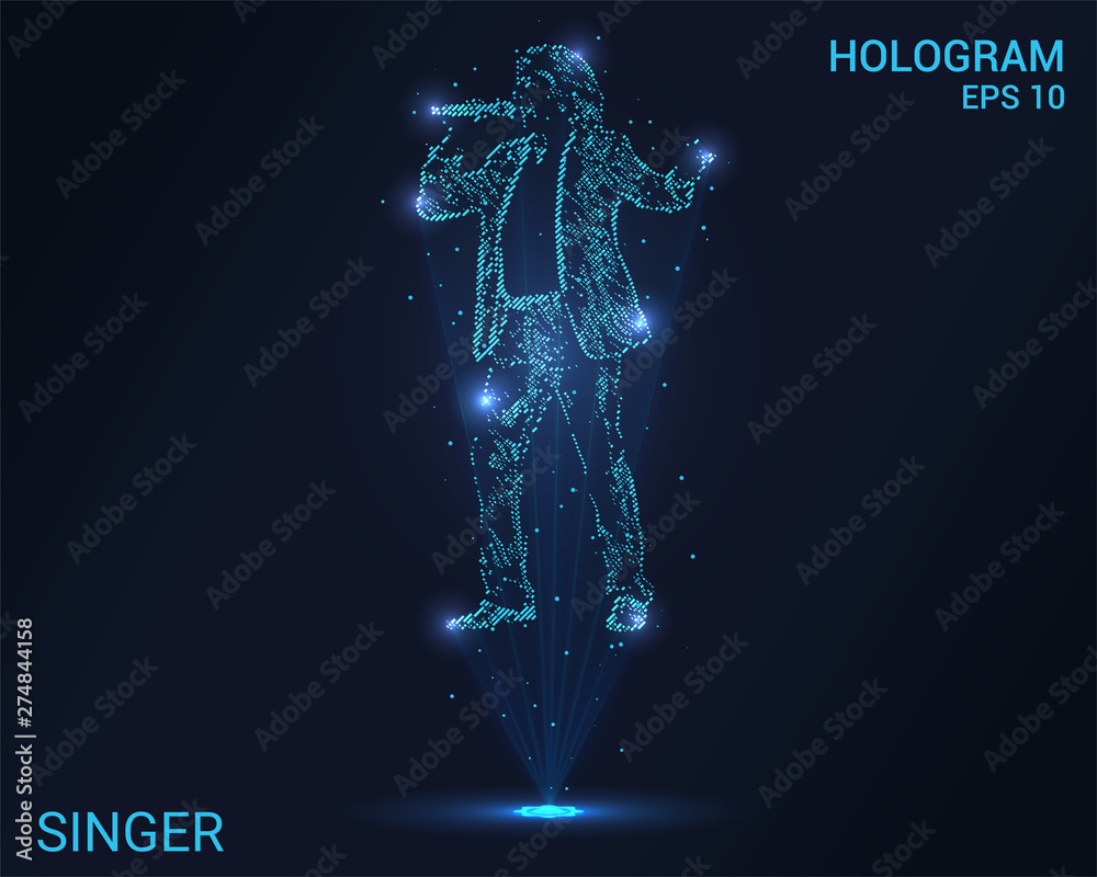 A hologram singer. Holographic projection of a man with a microphone. Flickering energy flux of particles. Scientific music design.