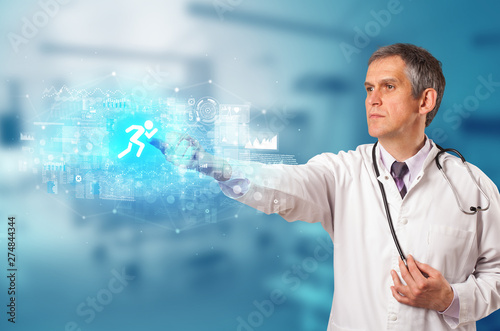 Doctor touching hologram screen displaying healthcare running symbols 