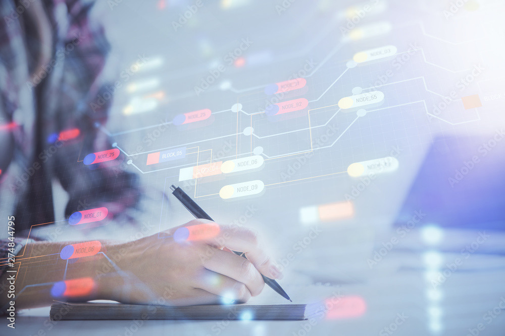 Double exposure of woman's writing hand on background with data technology hud. Big data concept. Double exposure of woman's writing hand on background with data technology hud. Big data concept.