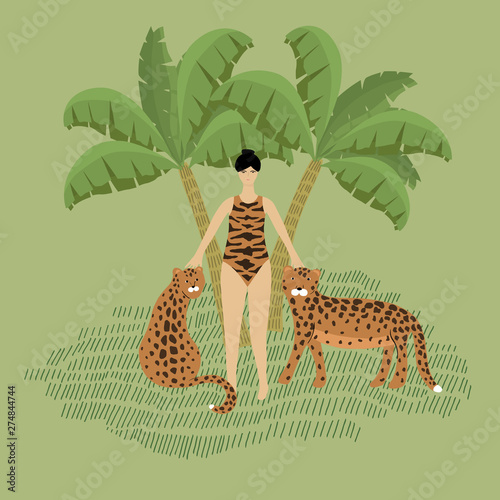 Summer print with  ladyes in swimsuits, tropical palm trees and leopards.Vector jungle  illustration photo